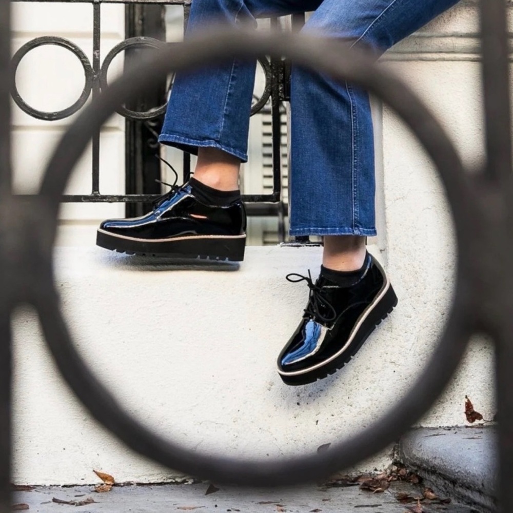 Eileen Fisher Eddy Derby Black Patent Platform Lace up Oxford Shoe ~ Size 7.5 - Picture 3 of 15